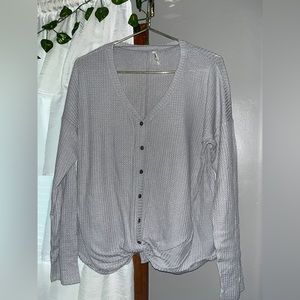 light gray waffle tie-front button up long sleeve